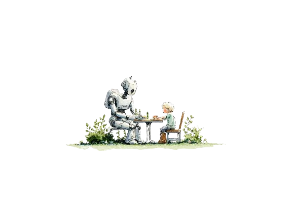 Watercolor illustration of a robot and a child sharing tea at a small table in the grass.